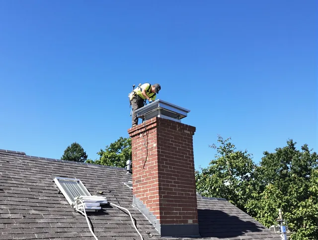 North Olmsted Chimney Sweep technician measuring a chimney cap in North Olmsted, OH