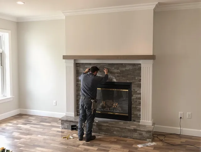 North Olmsted Chimney Sweep finishing a custom fireplace install in North Olmsted, OH